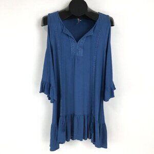 Mittoshop Cold Shoulder Ruffle Blouse Women's Medium Blue Crochet Lace Stretch
